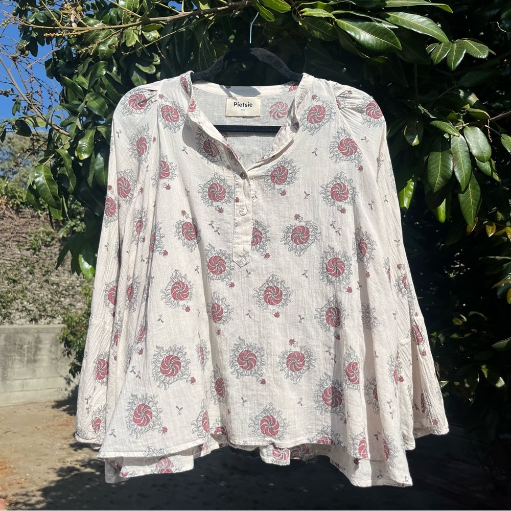 PIETSIE ivory cream cotton gauze puff‎ long sleeve popover blouse shirt top